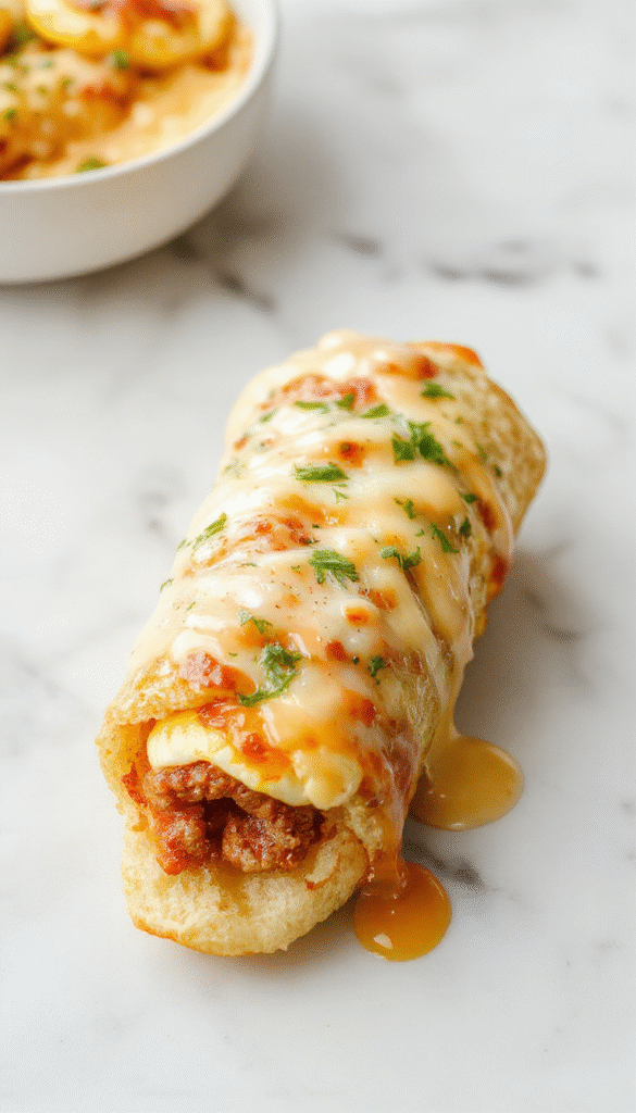 Colorful breakfast roll-ups featuring golden brown sausage, fluffy scrambled eggs, melted cheese, and freshly rolled tortilla wraps arranged on a rustic wooden plate, garnished with chopped herbs, with a soft-focus background of kitchen essentials.