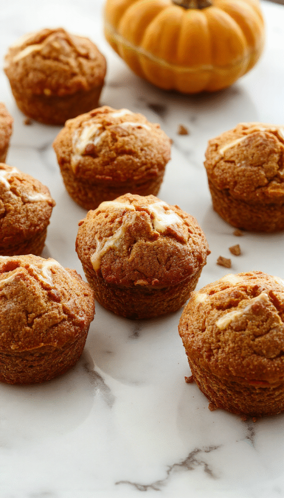 A close-up of fluffy pumpkin cream cheese muffins topped with a swirl of cream cheese frosting and a sprinkle of cinnamon, arranged on a rustic wooden tray with fall-themed decorations and warm natural lighting