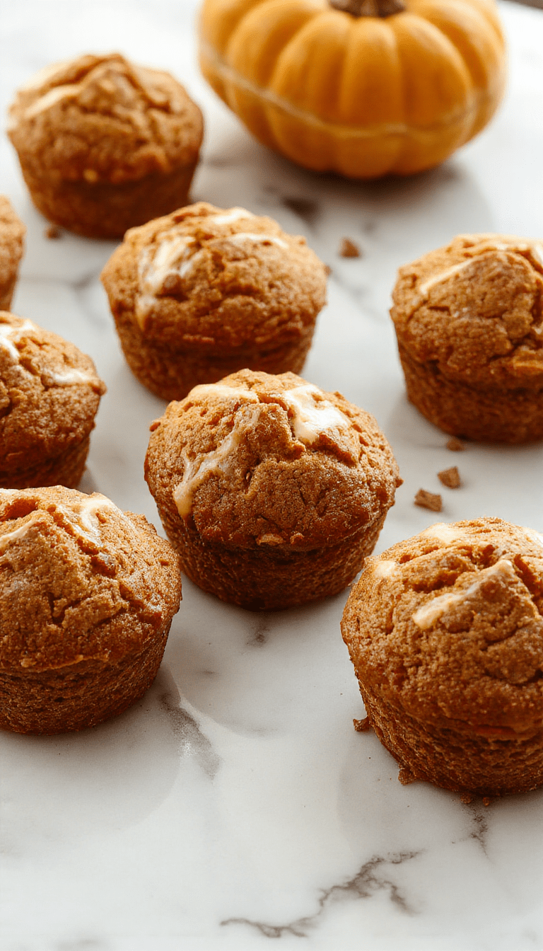 A close-up of fluffy pumpkin cream cheese muffins topped with a swirl of cream cheese frosting and a sprinkle of cinnamon, arranged on a rustic wooden tray with fall-themed decorations and warm natural lighting