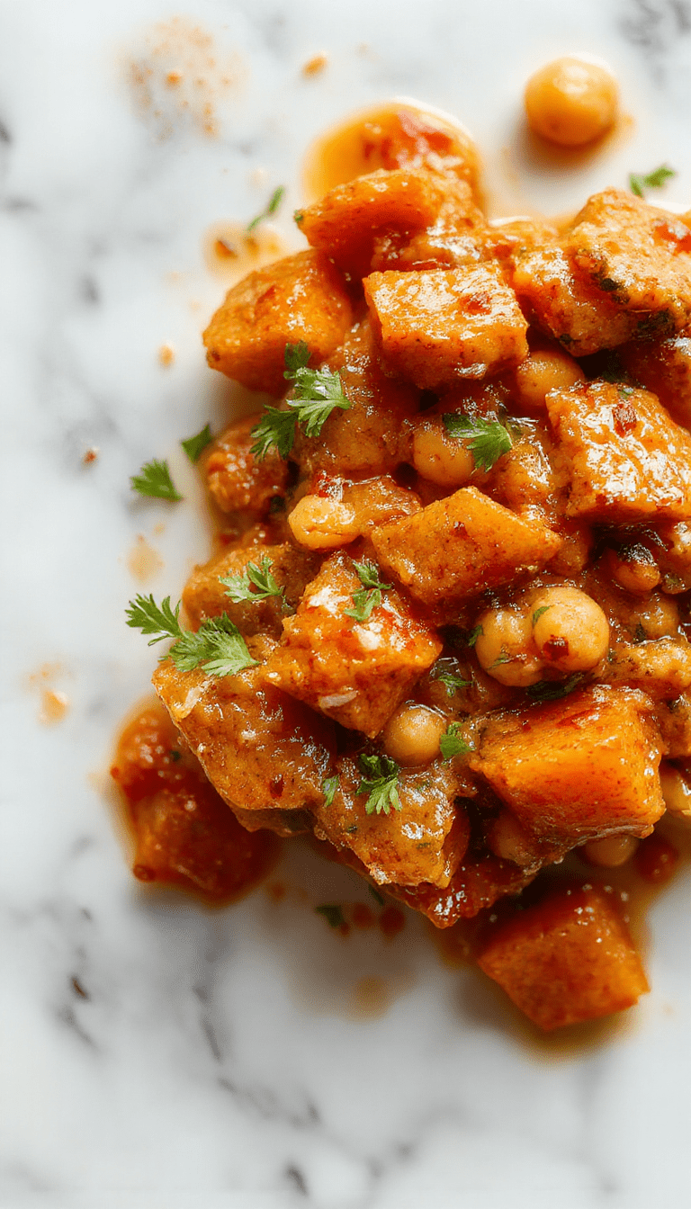A vibrant bowl of sweet potato and chickpea curry featuring golden cubes of sweet potato, creamy chickpeas, and rich tomato sauce garnished with fresh cilantro, served on a rustic wooden table with a side of naan bread, showcasing warm spices and colorful textures.