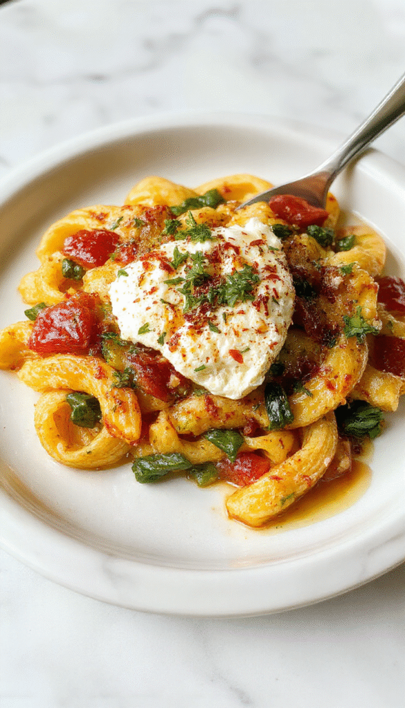 Colorful veggie pasta topped with golden baked feta cheese, garnished with fresh basil and cherry tomatoes, served on a white plate with a rustic wooden background, highlighting vibrant green, red, and creamy white textures.