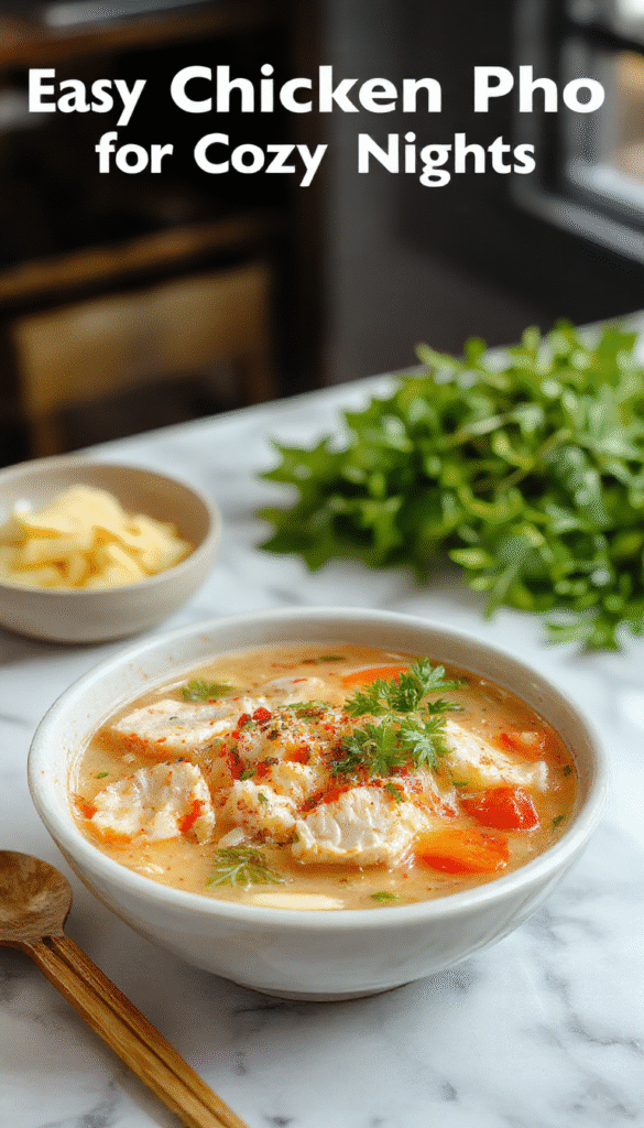 A steaming bowl of chicken pho featuring rice noodles, tender shredded chicken, fresh herbs like cilantro and basil, thinly sliced lime, and chili peppers, served in a clear broth with a drizzle of lime juice and accompanied by garnishes, set on a rustic wooden table with colorful ingredients around.