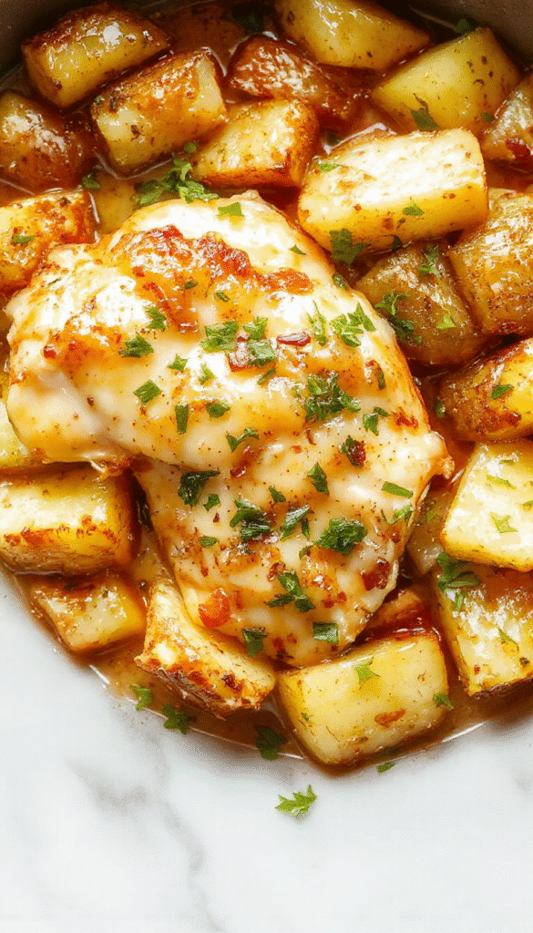 Colorful plate featuring tender shredded chicken and crispy roasted potatoes drizzled with creamy garlic parmesan sauce, garnished with fresh herbs, styled on a rustic white plate with a wooden background