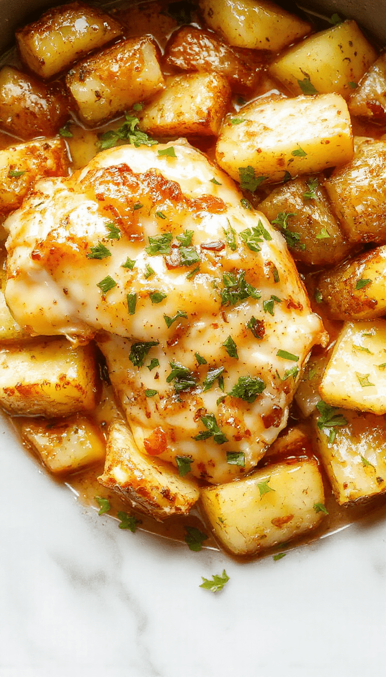 Colorful plate featuring tender shredded chicken and crispy roasted potatoes drizzled with creamy garlic parmesan sauce, garnished with fresh herbs, styled on a rustic white plate with a wooden background
