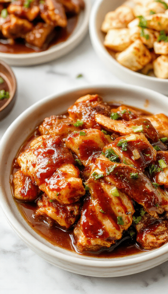 A close-up of tender shredded crockpot teriyaki chicken served on a white plate, garnished with sesame seeds and chopped green onions, with a glossy soy-ginger sauce coating the meat, and colorful steamed broccoli on the side.