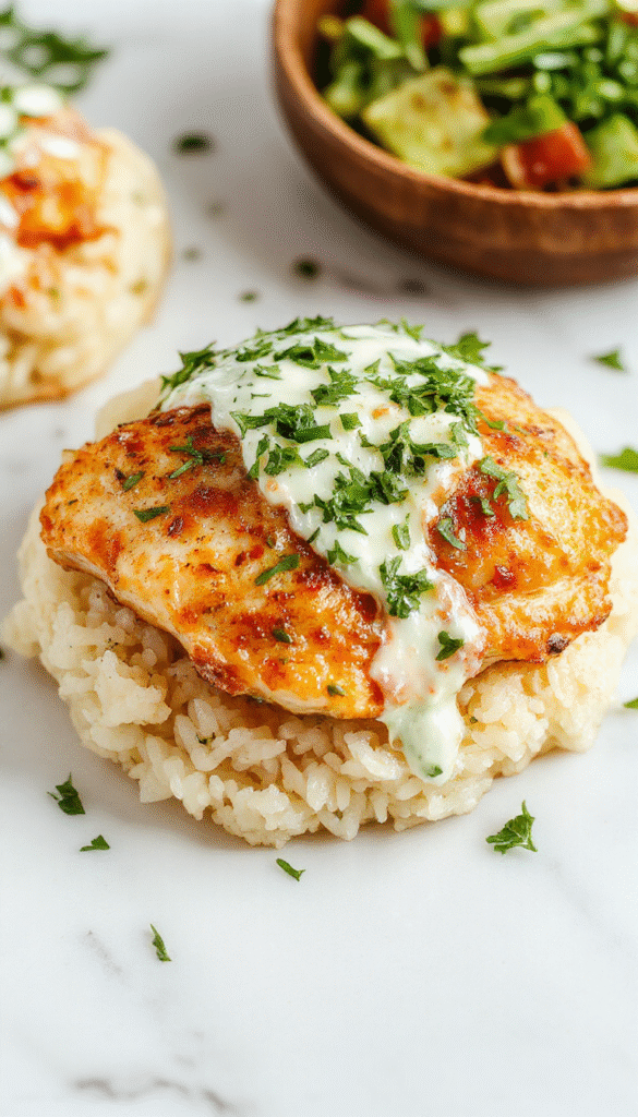 Colorful plated chicken tzatziki with a scoop of fluffy rice, garnished with fresh herbs and sliced cucumber, showcasing a creamy sauce, vibrant green dip, and golden-brown chicken pieces on a rustic wooden table