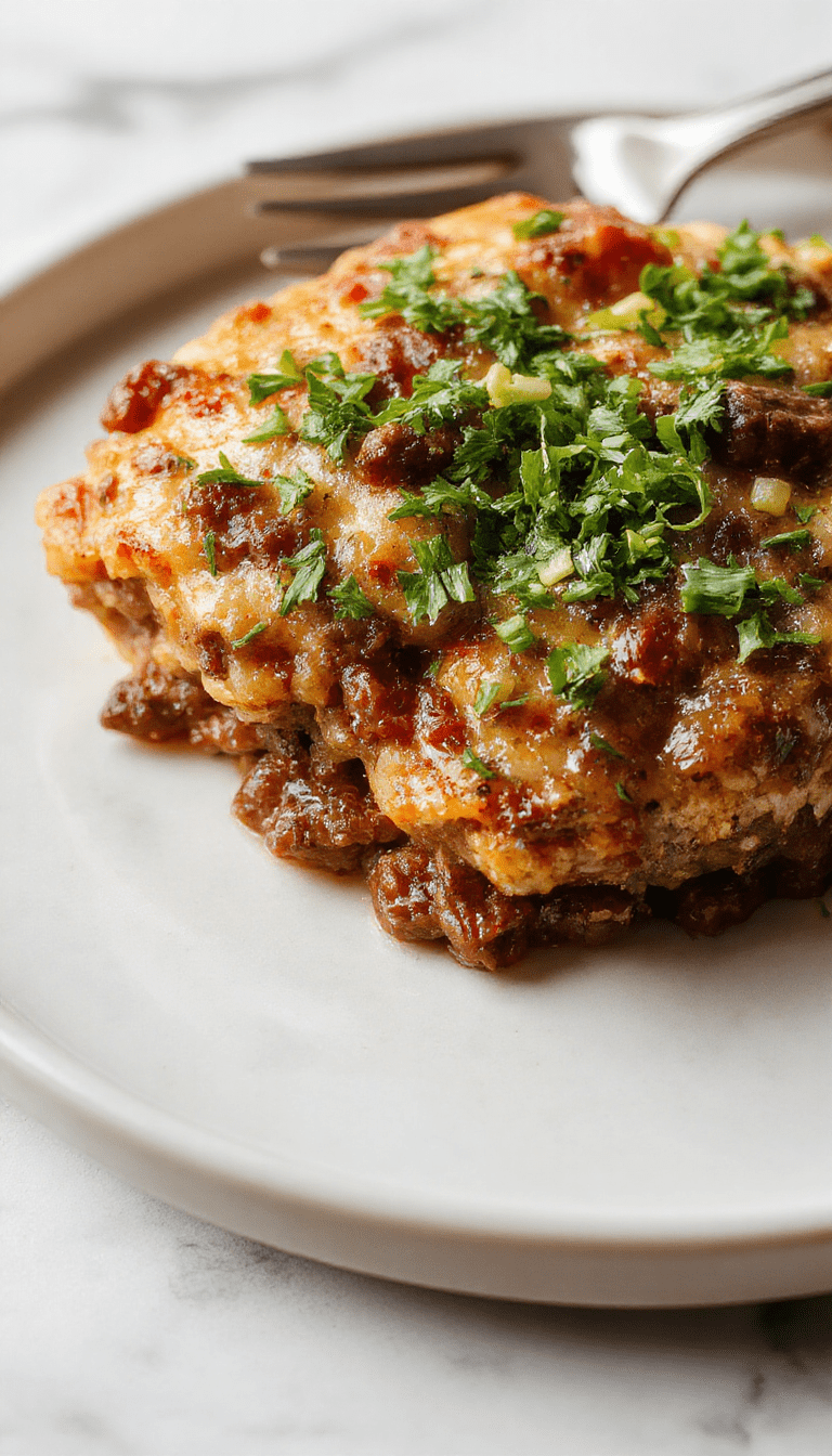 A colorful hobo casserole served in a rustic baking dish featuring layers of seasoned ground beef, mixed vegetables, and melted cheese on top, with a golden-brown crust and fresh herbs garnish, styled for a warm, inviting homestyle presentation