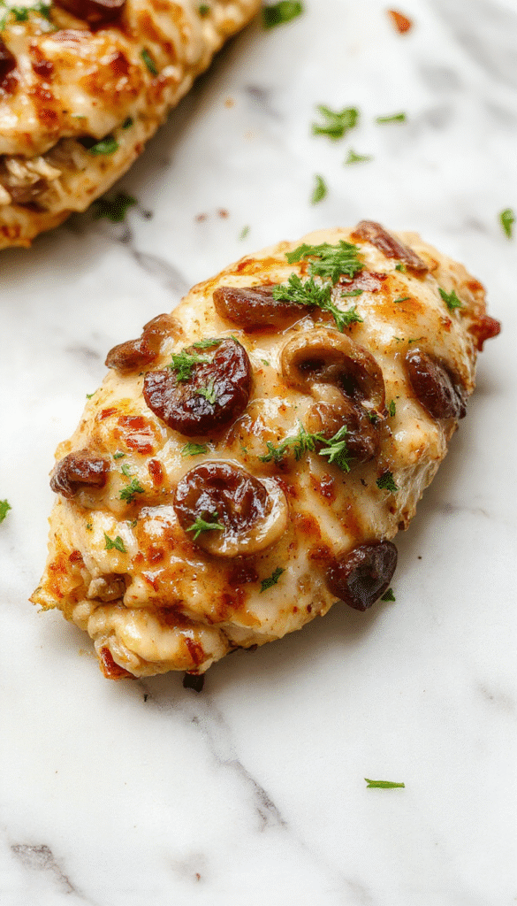 Colorful plate featuring a sliced mushroom stuffed chicken breast garnished with fresh herbs, golden-brown exterior, tender filling with visible mushroom pieces, styled with a vibrant background, and a side of green vegetables.