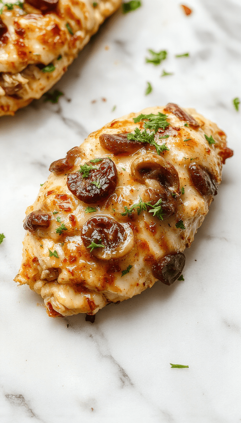 Colorful plate featuring a sliced mushroom stuffed chicken breast garnished with fresh herbs, golden-brown exterior, tender filling with visible mushroom pieces, styled with a vibrant background, and a side of green vegetables.