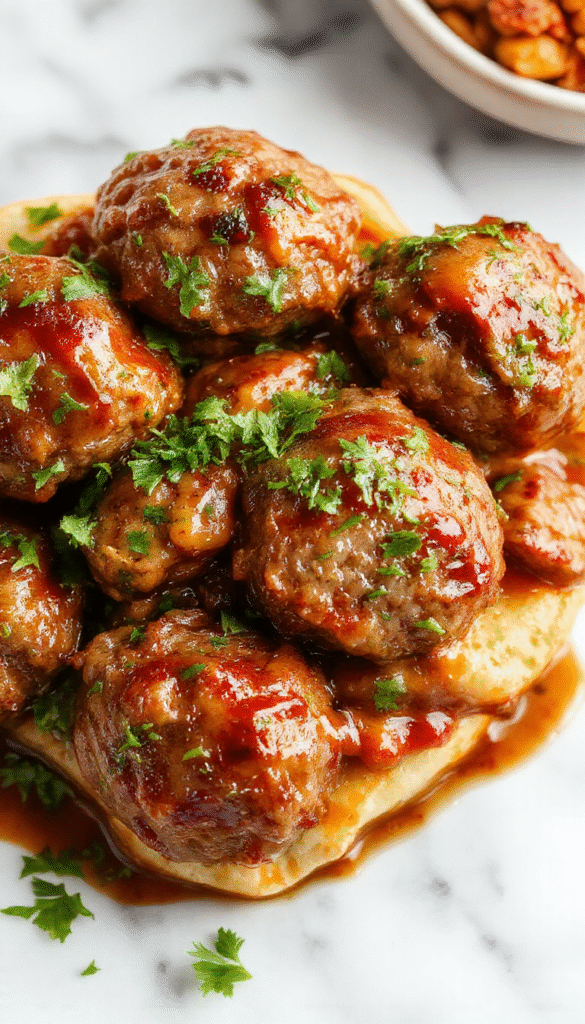 A close-up of golden-brown Salisbury steak meatballs arranged neatly on a rustic white plate, topped with rich brown gravy, garnished with chopped parsley. In the background, a glossy serving dish shows extra meatballs, with a cozy kitchen setting in warm tones, emphasizing the hearty and savory appeal of the dish.