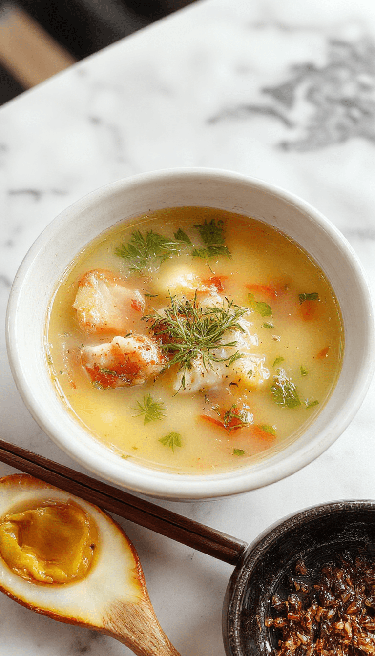 A clear glass bowl filled with transparent Japanese clear soup showcasing delicate slices of green onion, tofu cubes, and seaweed floating gracefully, garnished with a sprig of fresh green herbs, set against a minimalist wooden table with subtle steam rising, highlighting the soup's clarity and elegant presentation.