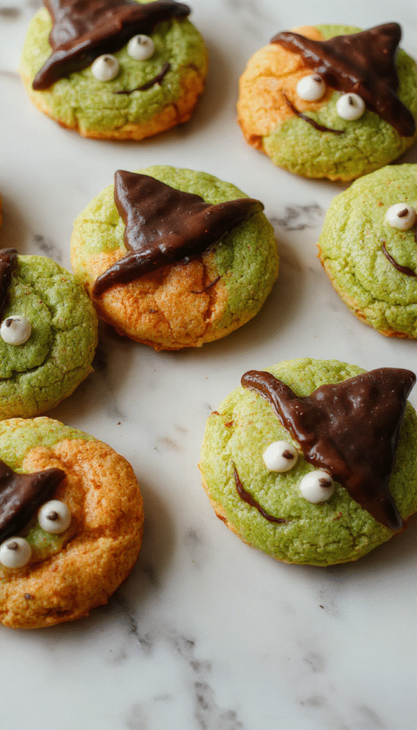 Colorful Halloween witchy cookies arranged on a dark platter, decorated with vibrant icing, edible glitter, and themed sprinkles, with a mystical background and spooky props.