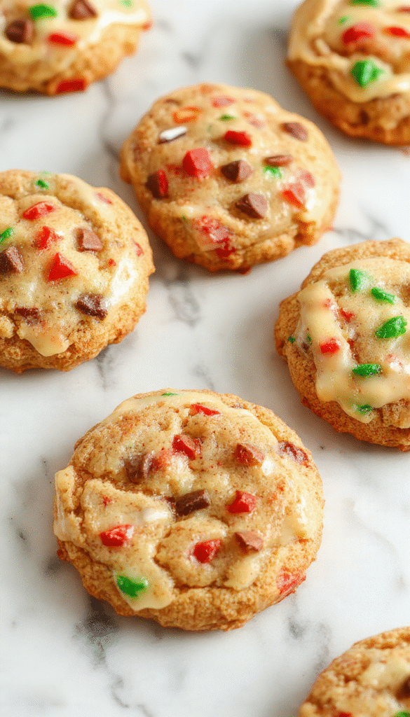 Colorful assortment of holiday cookies on a festive platter, featuring decorated sugar cookies, chocolate chip cookies, and gingerbread treats with sprinkles and icing, set against a warm, cozy background with holiday decorations.