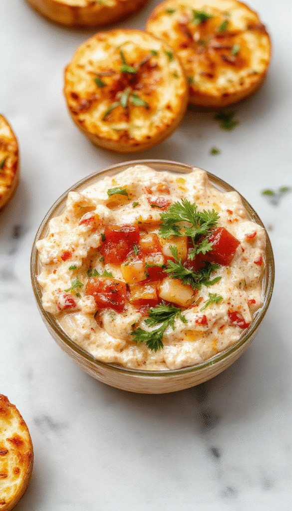 A vibrant bowl of bruschetta dip featuring chopped ripe tomatoes, fresh basil, and minced garlic, topped with grated cheese and olive oil, surrounded by toasted baguette slices and colorful fresh vegetables on a rustic wooden table, with a bright, inviting atmosphere.