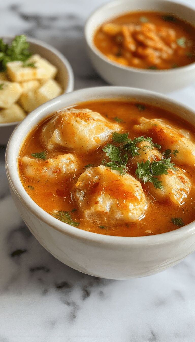 A steaming bowl of savory curry dumpling soup featuring plump dumplings submerged in rich, vibrant yellow curry broth, garnished with fresh herbs and served on a rustic wooden table.
