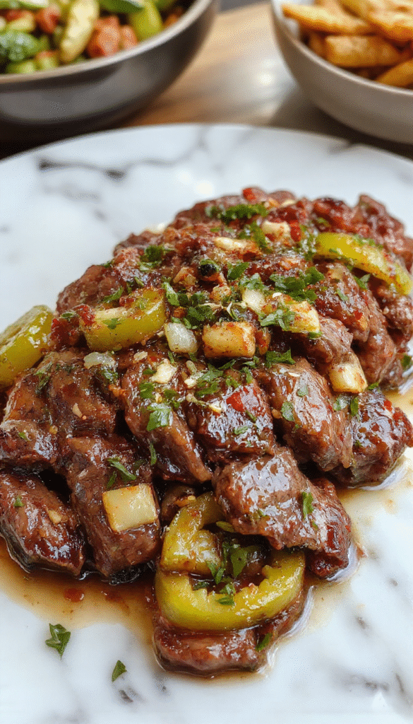 A vibrant plate featuring sliced beef stir-fried with colorful bell peppers and onions, garnished with fresh herbs, served on a white ceramic dish with a glossy sauce and fresh vegetables in the background.
