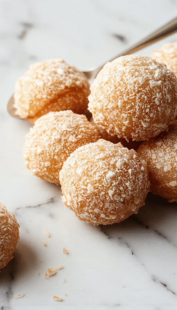 Golden brown fluffy churro bites arranged on a white plate with cinnamon sugar coating, drizzled with chocolate sauce, styled with a sprinkle of powdered sugar, vibrant background highlighting the crispy texture and inviting appearance