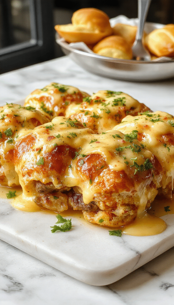 A close-up of golden-brown cheeseburger rollups drizzled with garlic butter, beautifully arranged on a white plate with melted cheese oozing from the rolls, garnished with fresh herbs, showcasing gooey cheese textures and crispy edges.