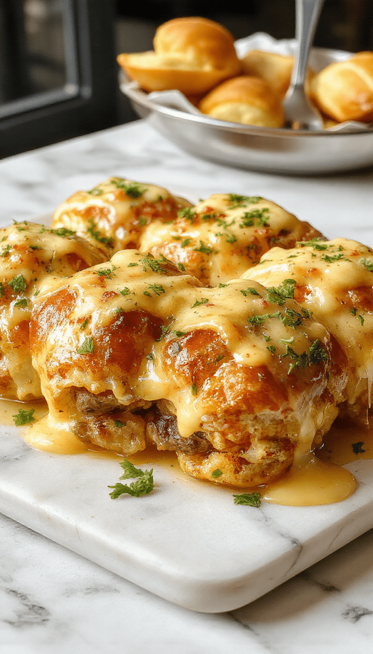 A close-up of golden-brown cheeseburger rollups drizzled with garlic butter, beautifully arranged on a white plate with melted cheese oozing from the rolls, garnished with fresh herbs, showcasing gooey cheese textures and crispy edges.