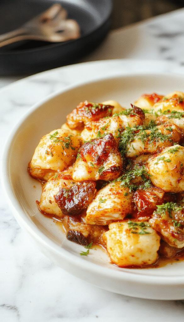 A vibrant skillet filled with golden-brown chicken pieces and soft, pillowy gnocchi coated in a glossy garlic herb sauce, garnished with fresh parsley, set on a rustic wooden table with a sprinkle of cracked black pepper and lemon wedges, showcasing a savory and aromatic dish with textures from crispy chicken and tender gnocchi