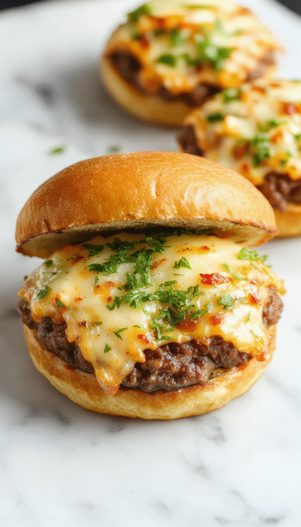Colorful garlic parmesan cheeseburger bombs arranged on a white plate, golden-brown exterior with melted cheese and fresh parsley garnish, styled with a rustic background and vibrant lighting highlighting their crispy crust and gooey interior