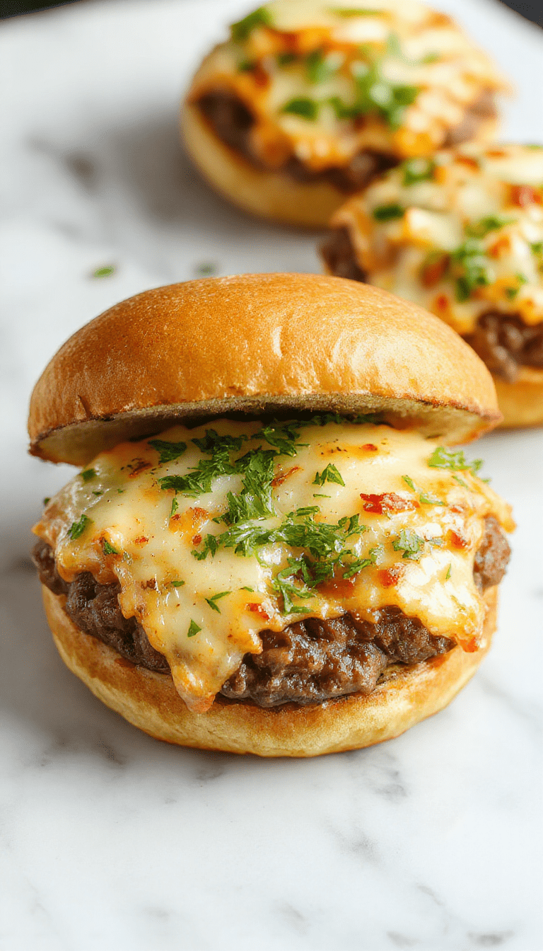 Colorful garlic parmesan cheeseburger bombs arranged on a white plate, golden-brown exterior with melted cheese and fresh parsley garnish, styled with a rustic background and vibrant lighting highlighting their crispy crust and gooey interior