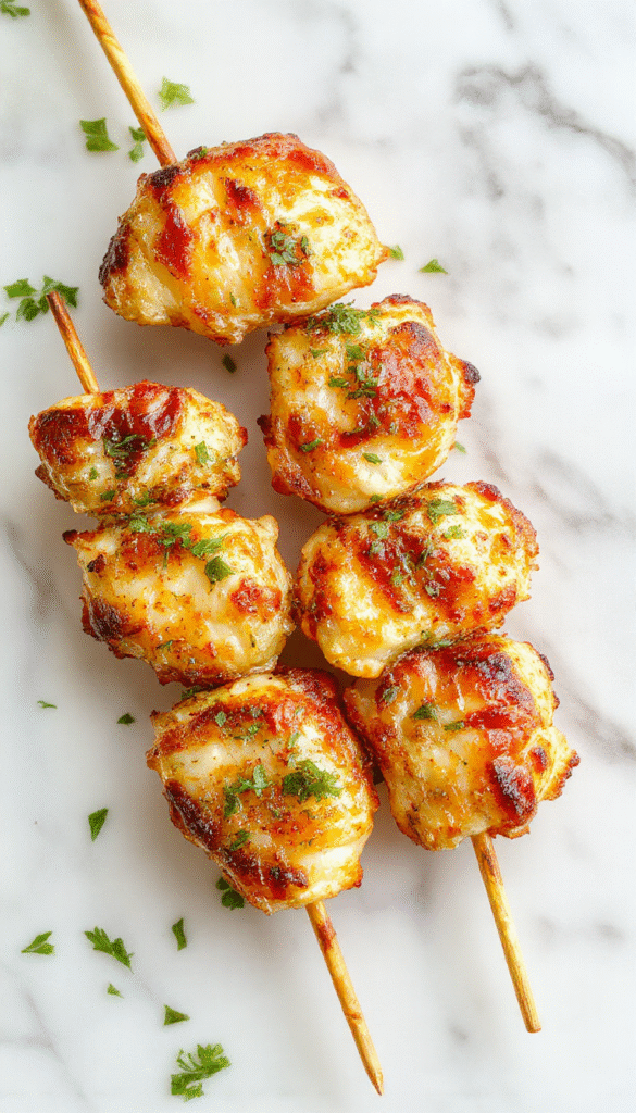 Colorful garlic parmesan chicken skewers arranged on a rustic wooden platter, vibrant red and green bell peppers, golden grilled chicken with crispy edges, sprinkled with fresh parsley and parmesan shavings, styled with a drizzle of herbs and a hint of smoky grill marks, creating an inviting and appetizing scene.