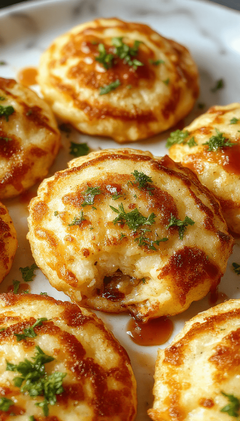 A close-up of golden brown German potato pancakes arranged on a rustic wooden plate, showcasing crisp edges and fluffy centers, garnished with fresh herbs and served with sour cream and applesauce