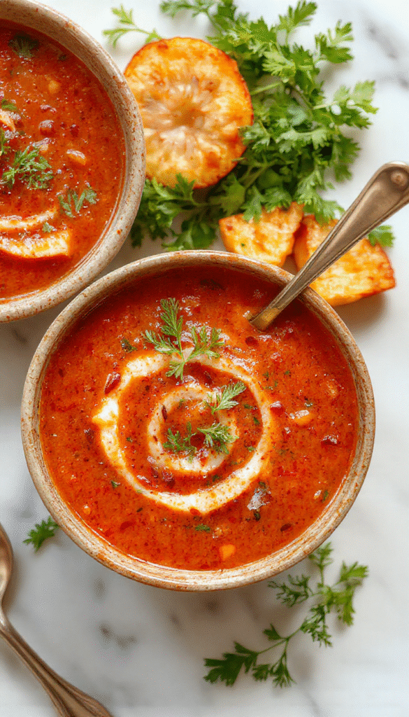A vibrant bowl of red lentil soup with a smooth, creamy texture, topped with fresh herbs and a drizzle of olive oil, served in a rustic bowl on a wooden table, with colorful vegetables and a spoon beside it, showcasing warm orange and red hues and a hearty, inviting presentation.