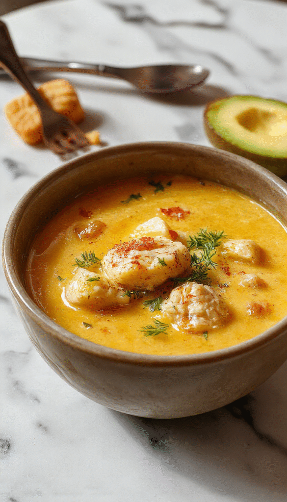 A vibrant bowl of creamy golden turmeric chicken soup garnished with fresh cilantro and lemon wedges, with tender chicken pieces and aromatic spices on a rustic wooden table
