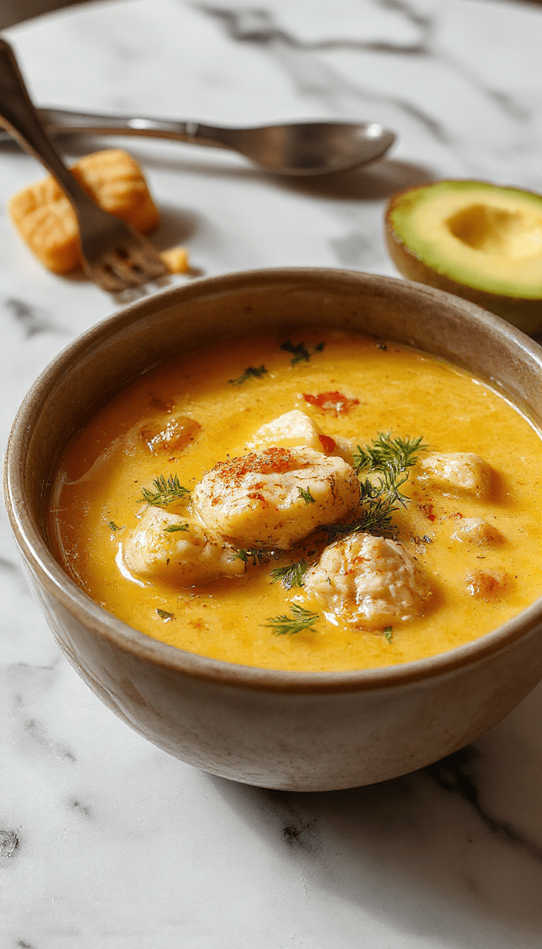 A vibrant bowl of creamy golden turmeric chicken soup garnished with fresh cilantro and lemon wedges, with tender chicken pieces and aromatic spices on a rustic wooden table