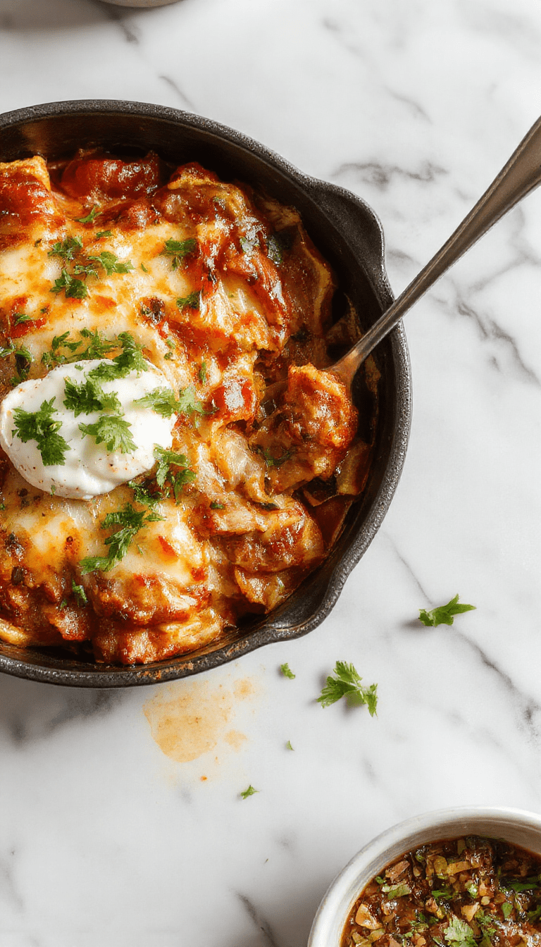 Colorful healthy enchilada skillet served in a rustic black skillet, topped with melted cheese, fresh cilantro, and sliced jalapenos. Bright red and green peppers, tender chicken pieces, and a vibrant tomato sauce create a visually appealing, hearty dish with textures of gooey cheese and crispy edges.