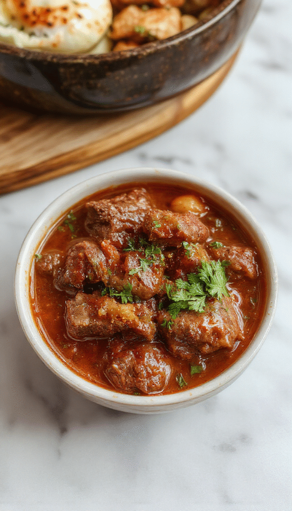 A rustic bowl of carne guisada featuring tender chunks of beef in a rich, thick gravy, garnished with chopped cilantro and red onions, served alongside warm tortillas on a wooden table with colorful peppers and tomatoes in the background.