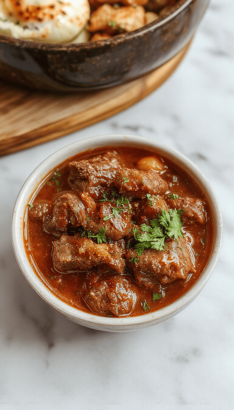 A rustic bowl of carne guisada featuring tender chunks of beef in a rich, thick gravy, garnished with chopped cilantro and red onions, served alongside warm tortillas on a wooden table with colorful peppers and tomatoes in the background.