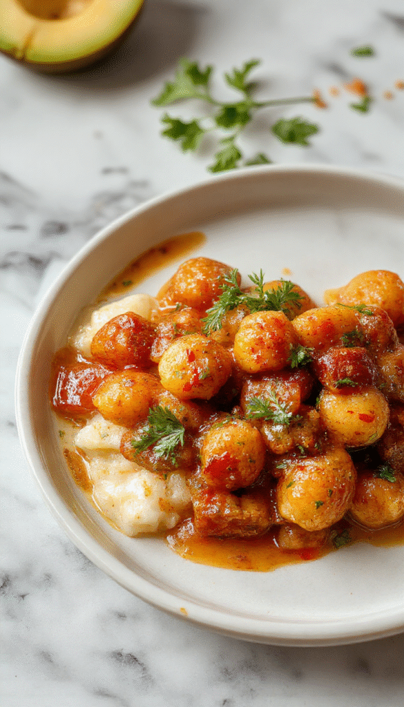 A colorful bowl of chickpea and potato curry featuring vibrant yellow potatoes and golden chickpeas in a rich, spiced tomato sauce, garnished with fresh cilantro, served on a rustic wooden table.