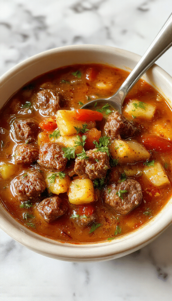 A colorful bowl of cowboy soup featuring chunks of tender beef, vibrant carrots, celery, and corn, topped with fresh herbs, served in a rustic ceramic bowl on a wooden table, steam rising, with a spoon beside it