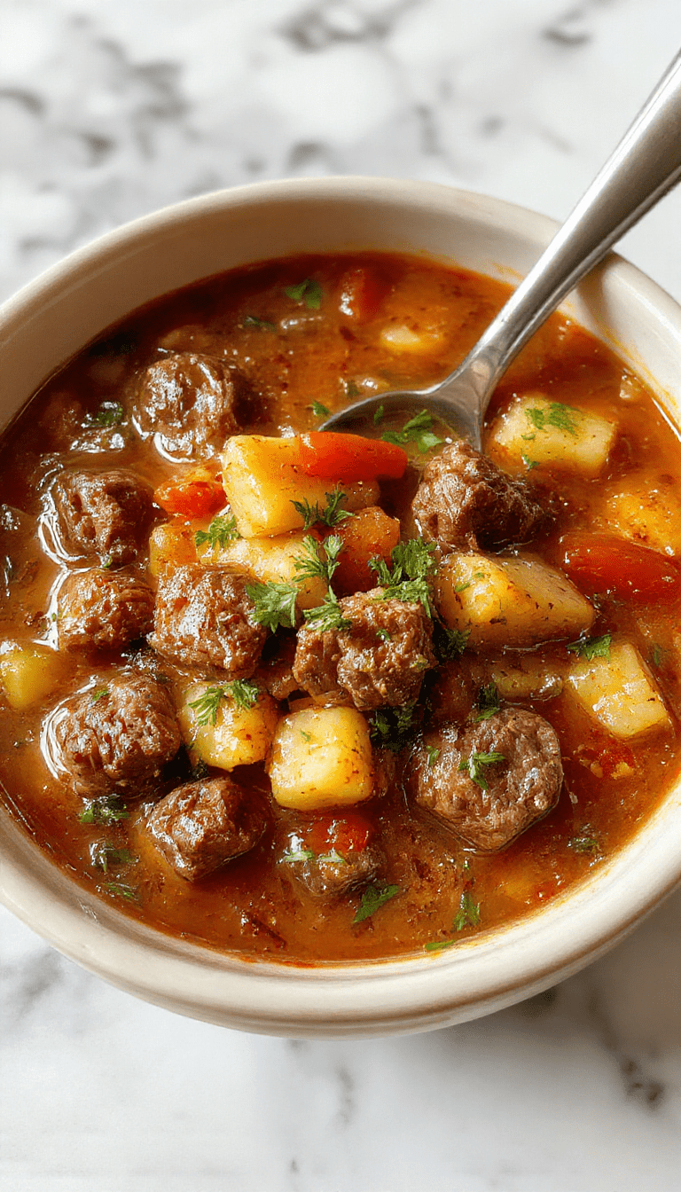A colorful bowl of cowboy soup featuring chunks of tender beef, vibrant carrots, celery, and corn, topped with fresh herbs, served in a rustic ceramic bowl on a wooden table, steam rising, with a spoon beside it