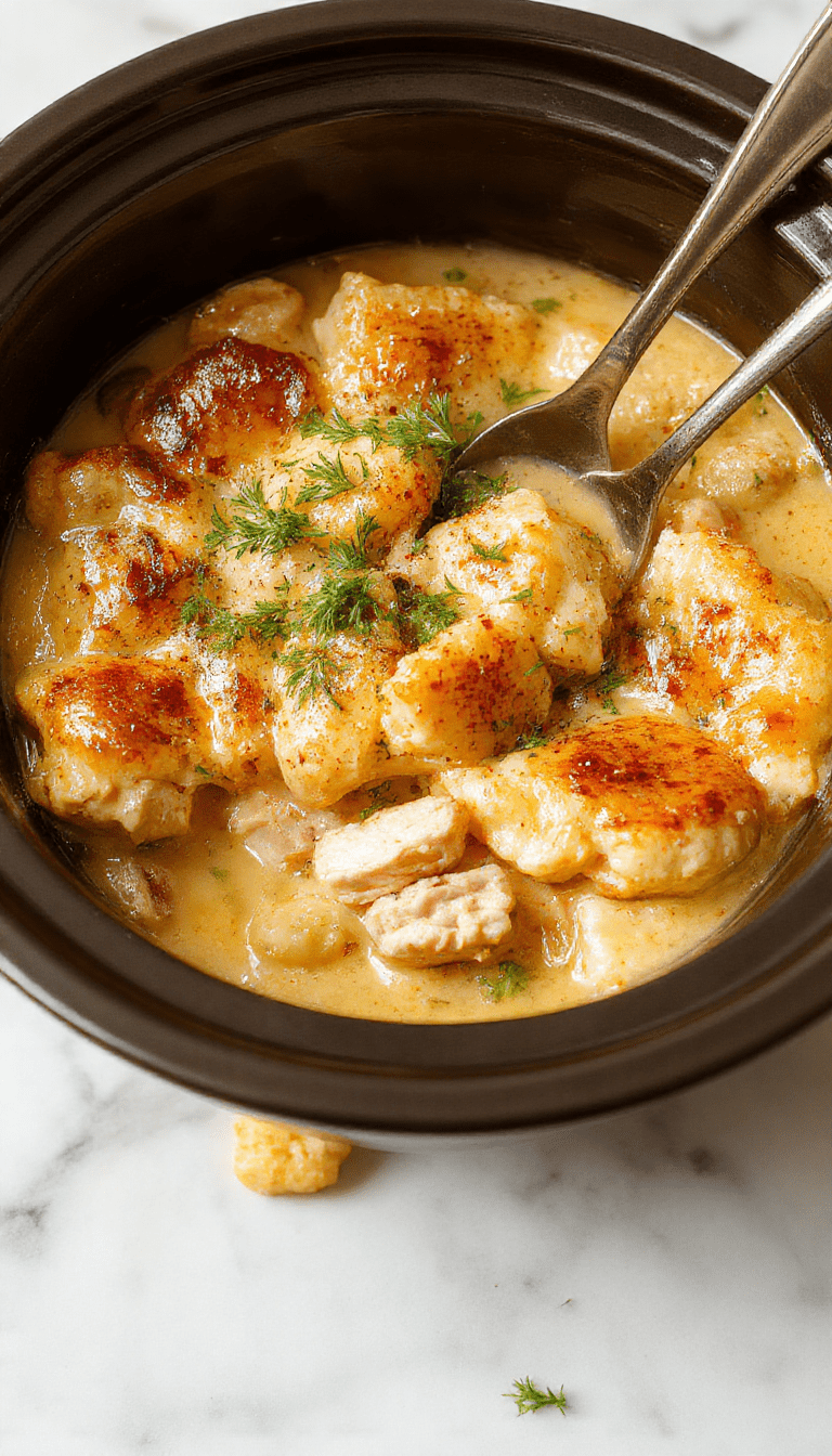 A rustic white ceramic bowl filled with creamy chicken pot pie topped with golden, flaky pastry crust, garnished with fresh herbs, with a side of steaming vegetables on a wooden table
