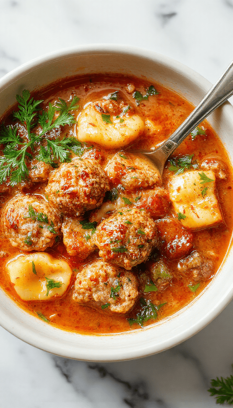 A vibrant bowl of hearty Italian meatball tortellini soup showcasing colorful tortellini, savory meatballs, fresh herbs, and a rich broth, garnished with parsley on a rustic wooden table.