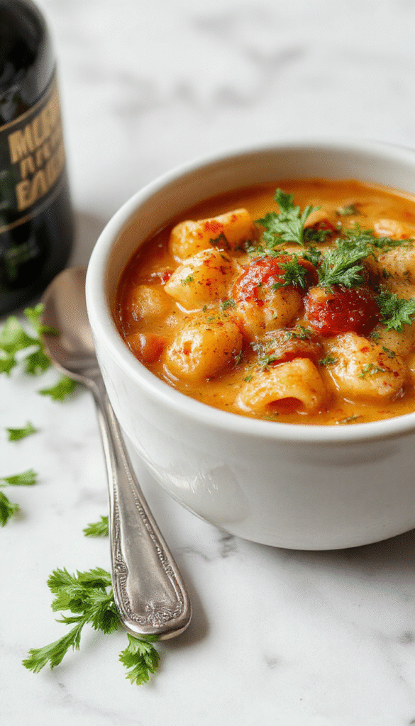 A vibrant bowl of Pasta Fagioli Soup featuring a hearty mixture of beans, small pasta, and diced vegetables in a rich, savory broth, garnished with fresh parsley and a sprinkle of grated Parmesan, set on a rustic wooden table with a spoon resting beside the bowl, showcasing warm earthy tones and inviting textures.