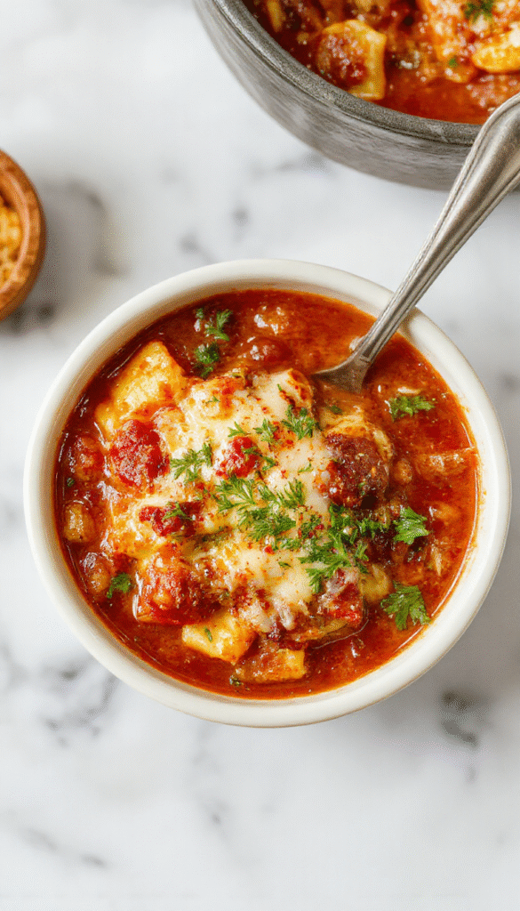 A vibrant bowl of lasagna soup featuring layers of melted cheese, rich tomato broth, and al dente pasta, garnished with fresh basil and grated Parmesan, beautifully plated with a rustic wooden background.
