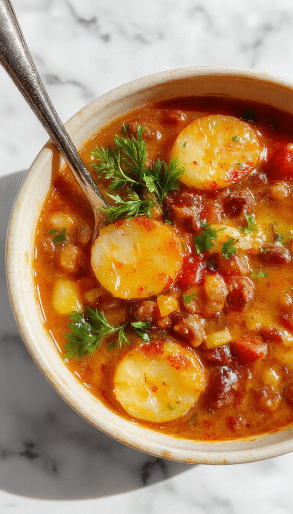 A vibrant bowl of hearty lentil and potato soup showcasing a thick, textured consistency with tender potatoes and green lentils, garnished with fresh herbs and a drizzle of olive oil, presented in a rustic white bowl on a wooden table with a warm, inviting atmosphere.