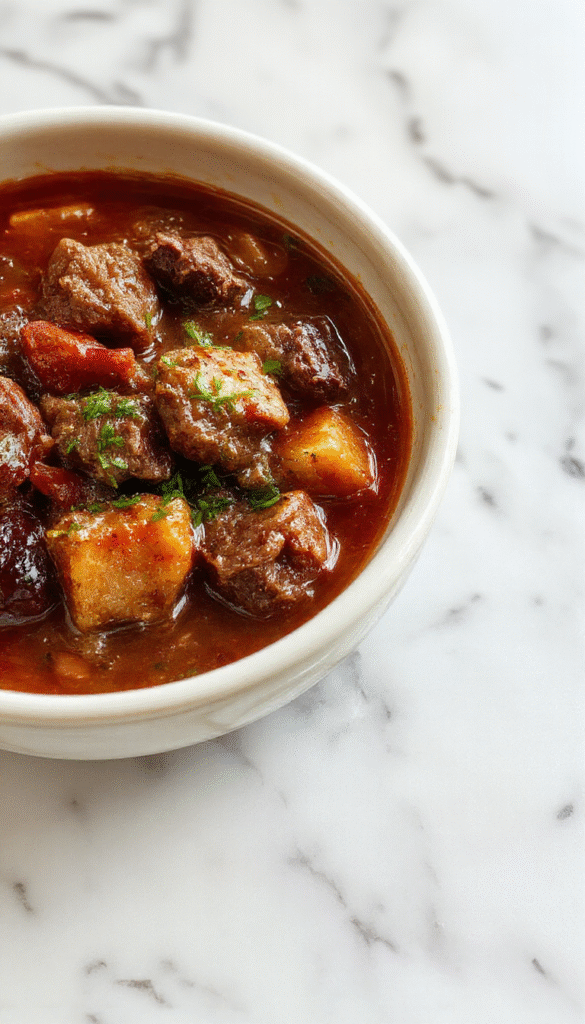 A rustic bowl of beef stew showcasing tender chunks of beef and carrots in a rich, savory broth, garnished with fresh herbs, steam rising, styled in a cozy kitchen setting with bread in the background.