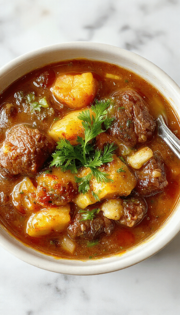 A steaming bowl of vegetable beef soup with tender beef chunks, colorful chopped vegetables like carrots, celery, and potatoes, garnished with fresh herbs on a rustic wooden table.