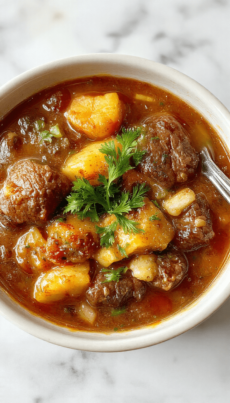 A steaming bowl of vegetable beef soup with tender beef chunks, colorful chopped vegetables like carrots, celery, and potatoes, garnished with fresh herbs on a rustic wooden table.