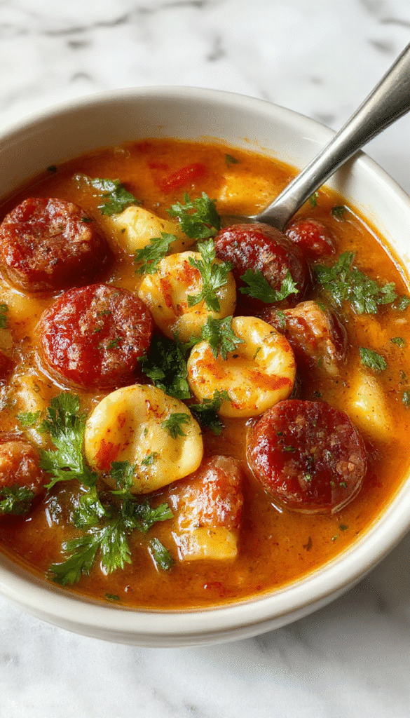 A steaming bowl of sausage and tortellini soup garnished with fresh basil and grated Parmesan cheese, with sliced sausage, tortellini pasta, carrots, and celery in a rich broth, colorful and inviting.