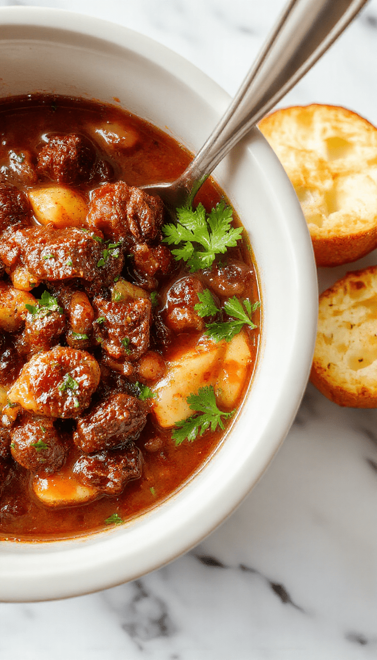 A steaming bowl of hearty beef chili topped with shredded cheese and fresh cilantro sits on a rustic wooden table, with a spoon immersed in the rich, vibrant red broth filled with tender beef chunks, beans, and vegetables, garnished for a cozy, inviting presentation.