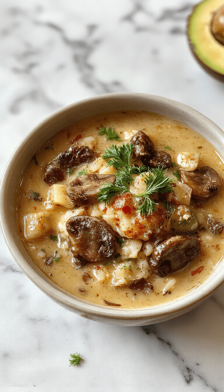 A steaming bowl of hearty wild rice and mushroom soup with a thick creamy texture, topped with fresh herbs and dotted with sautéed mushroom slices, served on a rustic wooden table with a spoon alongside, vibrant earthy colors, and a cozy, inviting atmosphere.