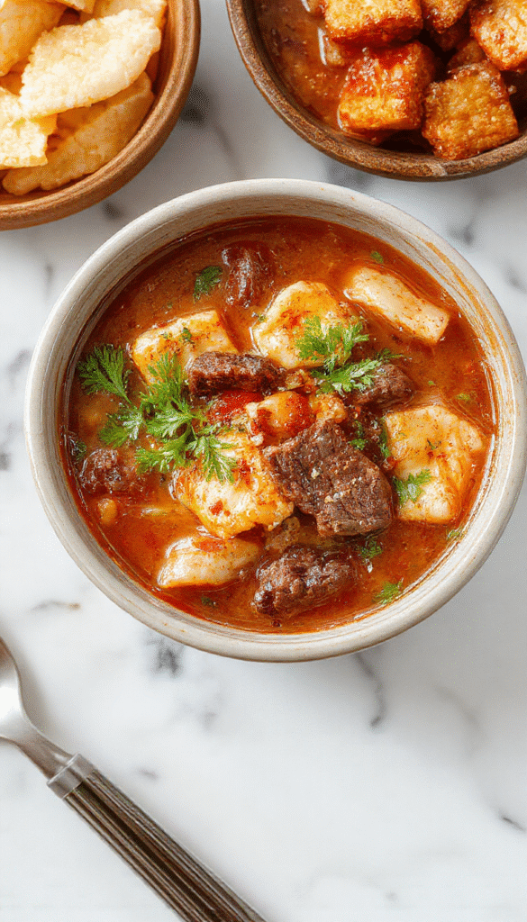 A warm bowl of beef noodle soup showcasing tender beef slices, vibrant orange carrots, green garnishes, and chewy noodles in a rich broth on a rustic wooden table