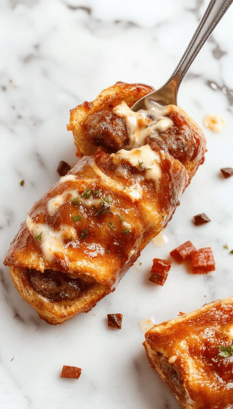 Colorful close-up of golden-brown sausage French toast roll-ups arranged on a white plate, drizzled with syrup, garnished with powdered sugar and fresh berries, with a vibrant breakfast setting in the background.